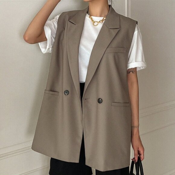 Khaki Casual Women's Double Button Double Pocket Vest Blazer - Picture 4 of 8